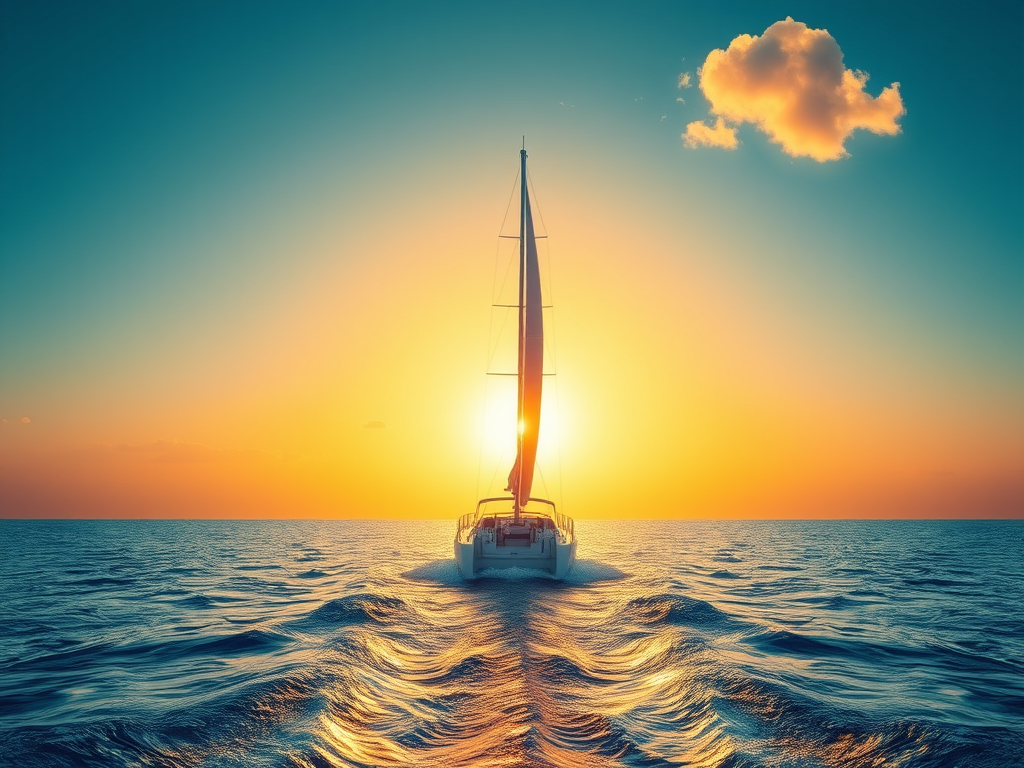 white sail boat sailing into the horizon on an open sea.