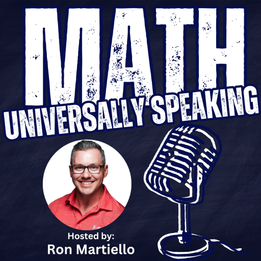Math Universally Speaking podcast cover art featuring inclusive math instruction strategies and UDL insights. 

The image features:

Top: Large, distressed white text reads "MATH" with "UNIVERSALLY SPEAKING" directly underneath in a smaller, clean white font.

Center: To the left, a circular headshot shows Ron Martiello smiling, wearing glasses and a red polo shirt. To the right, a stylized white line drawing of a classic studio microphone.

Bottom: White text identifies the host as "Hosted by: Ron Martiello."

Background: A dark blue, chalkboard-textured background.