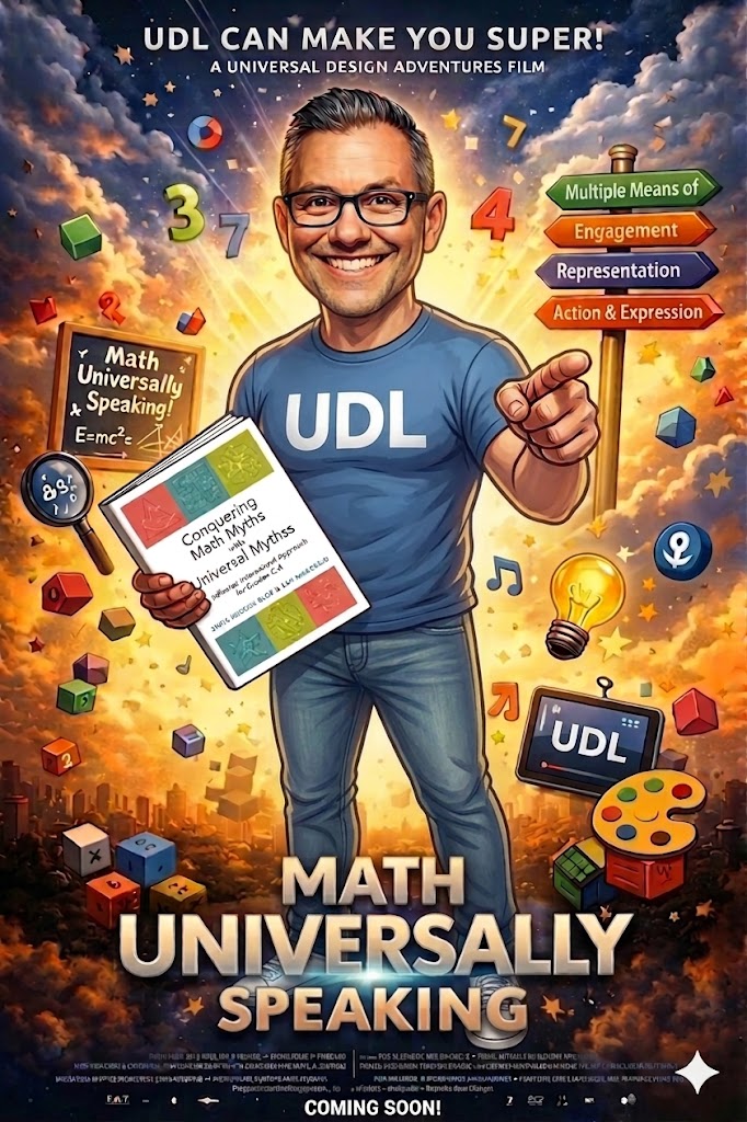 A vibrant movie poster titled "MATH UNIVERSALLY SPEAKING," featuring a smiling man with glasses, wearing a blue t-shirt with "UDL" written on it and jeans. He is pointing forward and holding a book titled "Conquering Math Myths with Universal Design."

He stands against a background of dramatic clouds and a distant cityscape, surrounded by various educational icons and numbers (3, 7, 4). Behind him is a signpost with stacked colorful arrows labeled "Multiple Means of," "Engagement," "Representation," and "Action & Expression." Surrounding objects include a magnifying glass, a chalkboard with math equations, floating cubes, a lightbulb, musical notes, a computer monitor, and an artist's palette.

At the very top, text reads: "UDL CAN MAKE YOU SUPER! A UNIVERSAL DESIGN ADVENTURES FILM." At the bottom, below the title, smaller text says: "COMING SOON!" followed by fictional production logos.