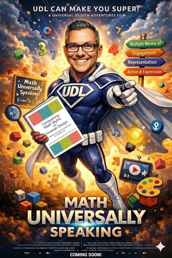 A vibrant, cinematic movie poster featuring a superhero educator against a dramatic sunset cityscape.

In the center, a smiling man with glasses and short, dark hair—styled as a superhero—flies through the air. He wears a blue and white suit with a prominent "UDL" emblem on the chest and a flowing white cape. In his right hand, he holds a copy of the book Conquering Math Myths with Universal Design, while his left hand points confidently toward the viewer.

Surrounding him are various educational and mathematical symbols, including floating colorful 3D blocks, numbers, a chalkboard reading "Math Universally Speaking!", a lightbulb, a magnifying glass, and a paintbrush palette. To the right, a signpost lists the UDL principles: Multiple Means of, Engagement, Representation, and Action & Expression.

The top of the poster reads: "UDL CAN MAKE YOU SUPER! A UNIVERSAL DESIGN ADVENTURES FILM." The bottom features the bold title: "MATH UNIVERSALLY SPEAKING," followed by the tagline "COMING SOON!"