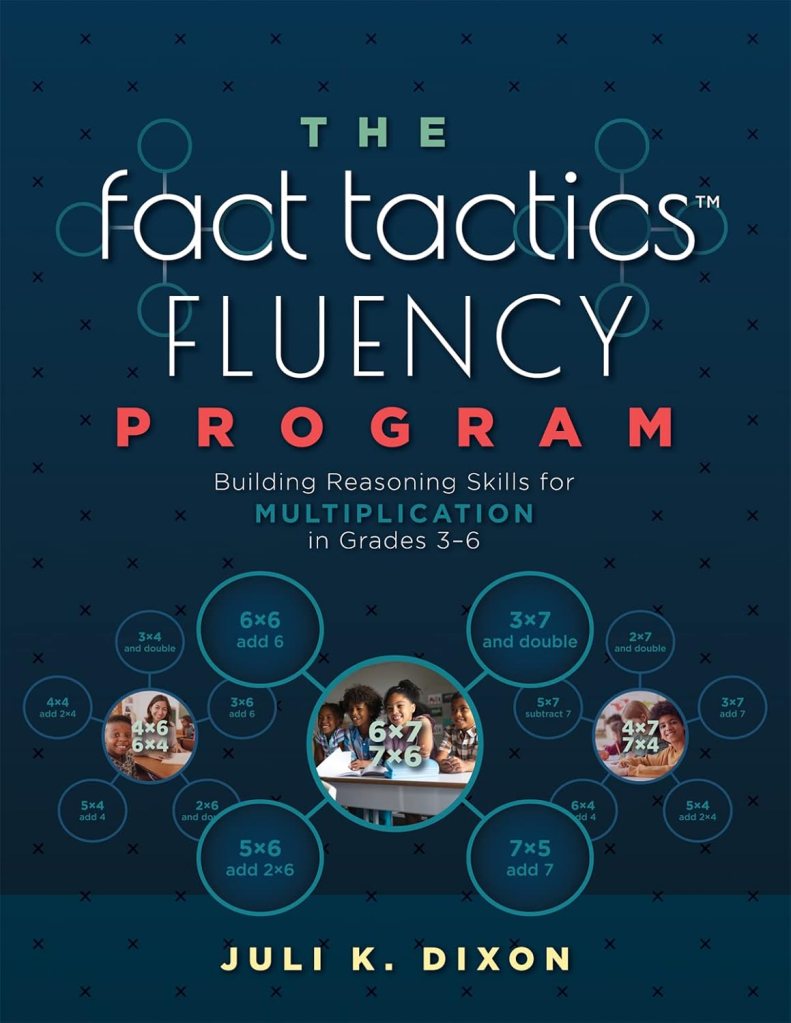 Book cover for "The Fact Tactics Fluency Program: Building Reasoning Skills for Multiplication in Grades 3–6" by Juli K. Dixon. The background is dark navy blue with a pattern of small "x" marks. The title uses a mix of white and red bold lettering. Below the title, an infographic shows a central photo of diverse students working on math problems surrounded by teal circles containing multiplication facts and reasoning strategies, such as "6x6 add 6" and "3x7 and double."