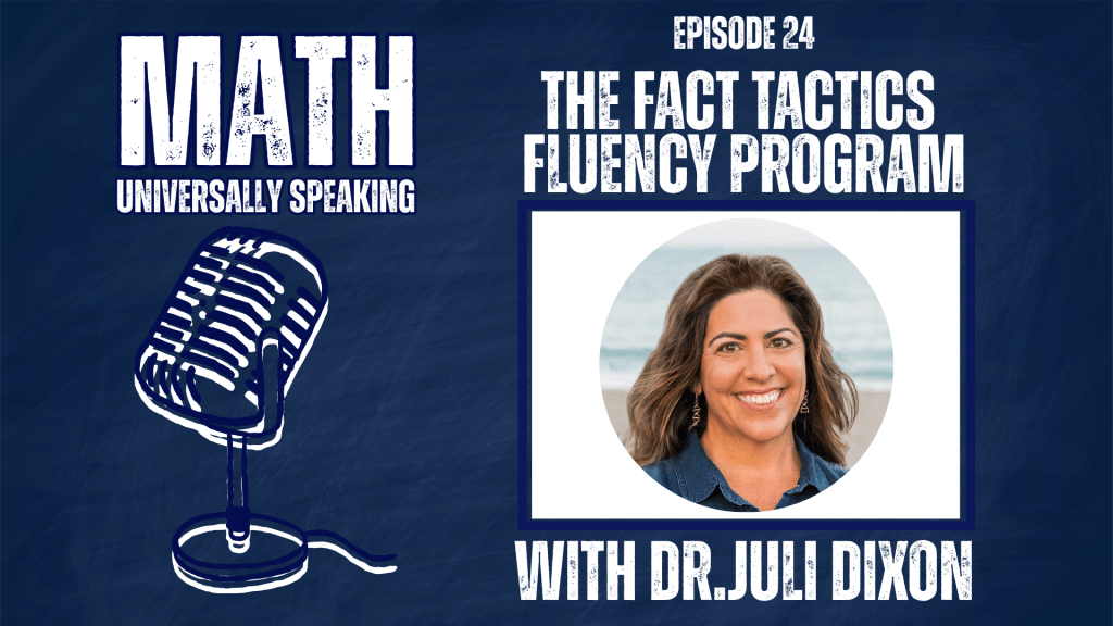 Promotional graphic for Episode 24 of the "Math Universally Speaking" podcast. The image features a blue chalkboard background with white text. On the left is an illustration of a vintage-style microphone. On the right, the text reads "Episode 24: The Fact Tactics Fluency Program with Dr. Juli Dixon." A circular headshot of Juli Dixon, a smiling woman with brown hair, is centered in a white box.